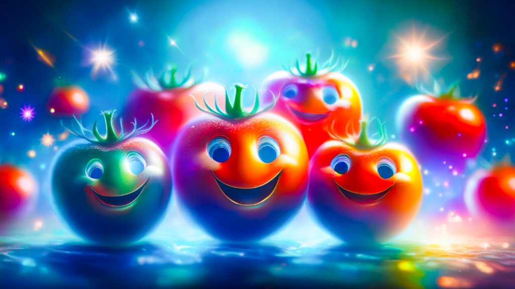 Enkele tomaten met lachende mondjes en stralende ogen met een  rondom stralende sterretjes