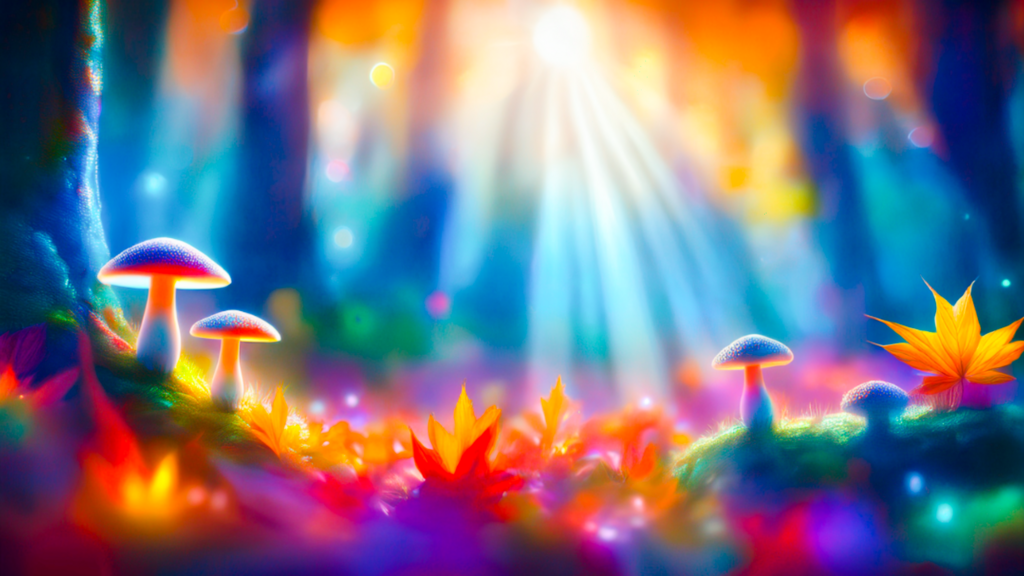 In een sprookjesachtig bos, schijnt een heldere zon door de bomen en verlicht de paddenstoelen en herfstbaaldjes op de grond.