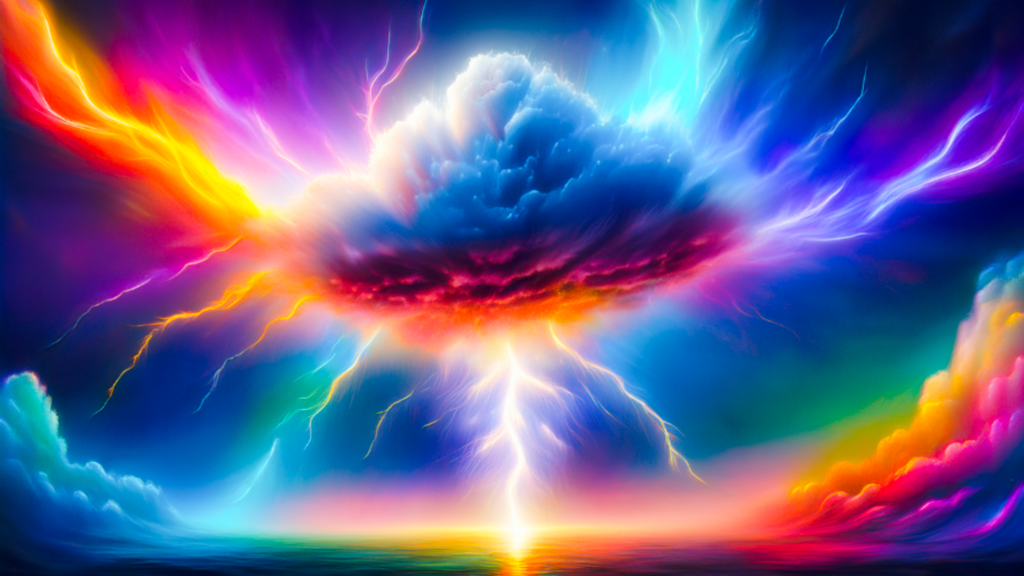 een prachtige lucht met wolken in geel, roze en paarse tinten. Uit een donkere wolk zie je allrlei kleuren stralen en er komt een bliksenstraal uit de wolk.