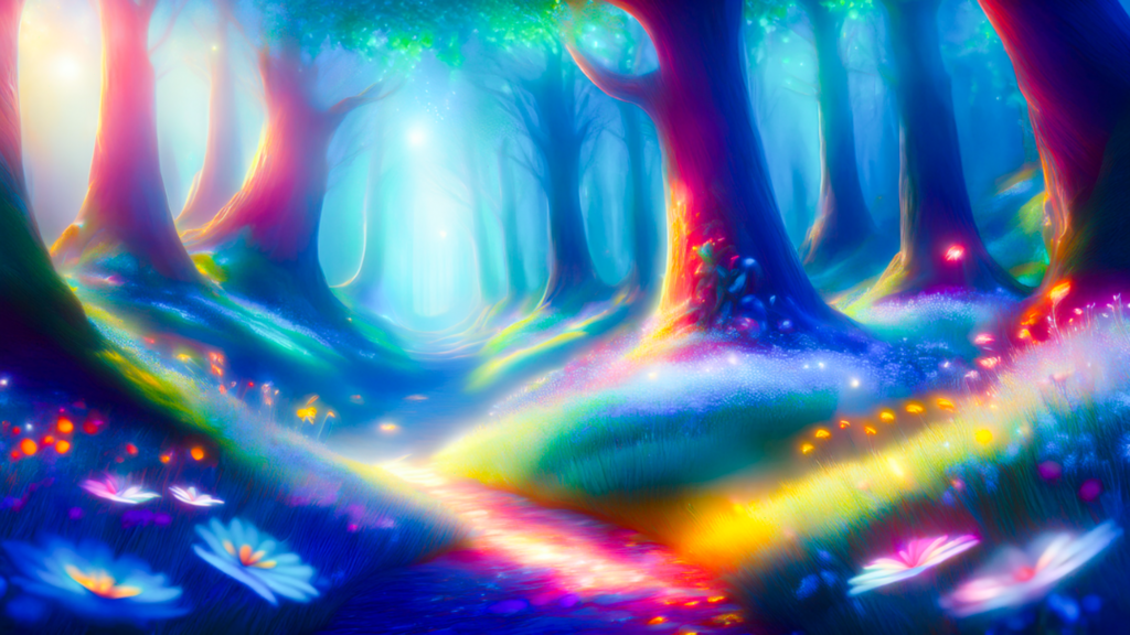 Een bos waarvan de grond verschillende kleuren heeft, blauw, geel, groen, roze. Lichtblauw diffuus licht schijnt door de bomen.