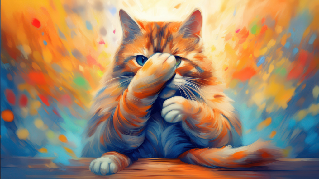 Een poes zit rechtop en houd een pootje voor zijn ogen, omdat hij zich schaamt. Achtergrond blauw,, geel oranje
