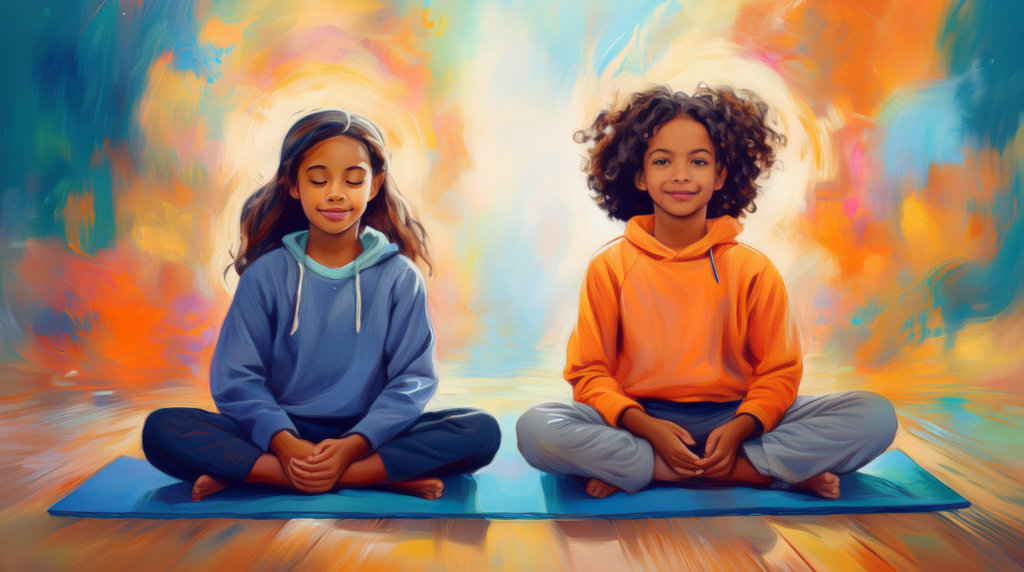 Twee meisjes van kleur zitten glimlachend naast elkaar in lotushouding op een yogamatje. Achtergrond okergeel en oranje.