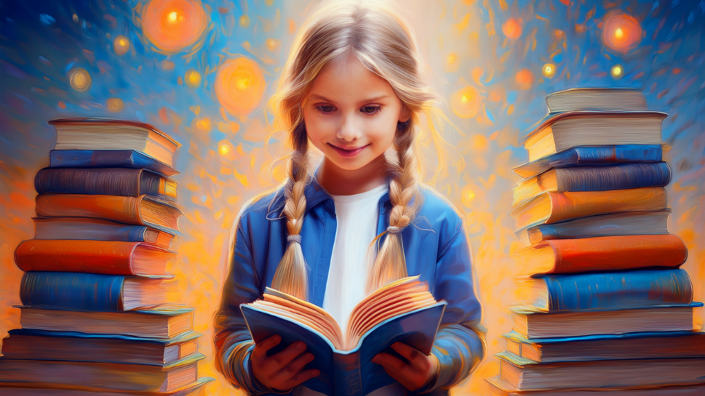 Een blond meisje met vlechten, kijkt in een boek die ze vasthoudt. Aan weerszijden van haar stapels boeken. Gele, oranje en blauwe achtergrond.