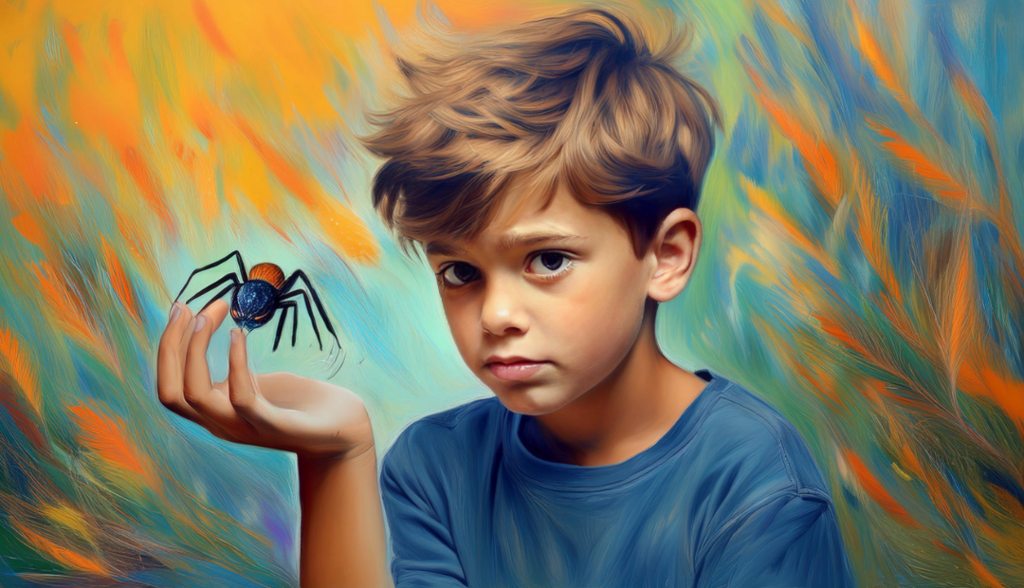 Een jongen van ongeveer 10 jaar, heeft een spin op zijn hand en kijkt boos. Oranje achtergrond