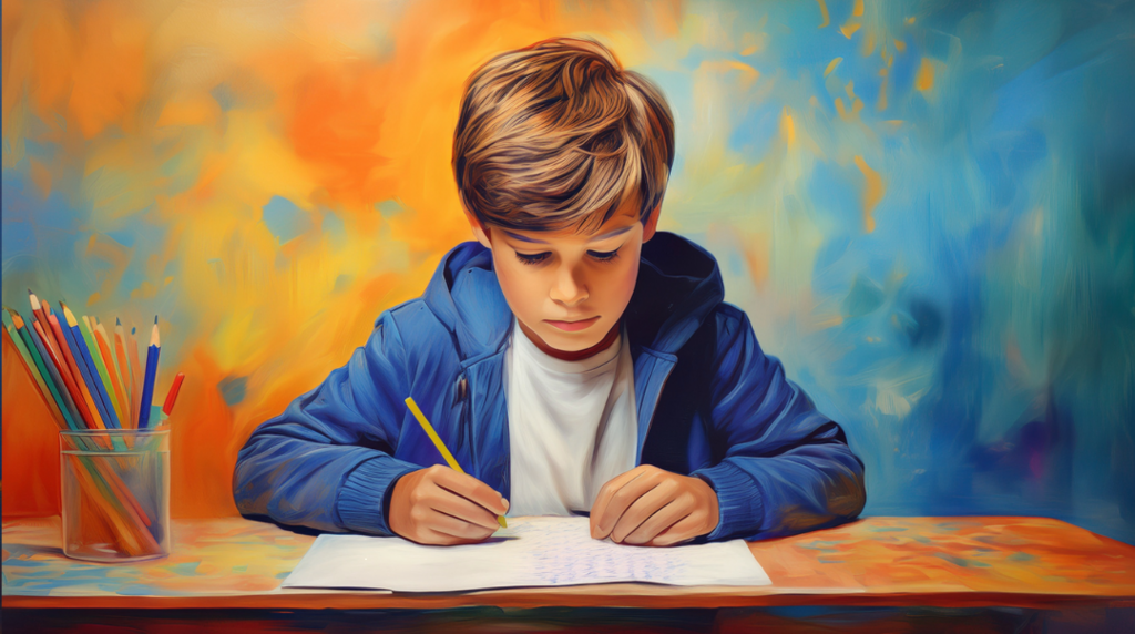 Een jongen schrijft in een schrift. ZIjn gezicht kijkt ietwat gespannen.