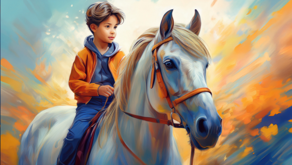 Een wit paard met een jongen van ca 10 jaar op zijn rug. Gele achtergrond.