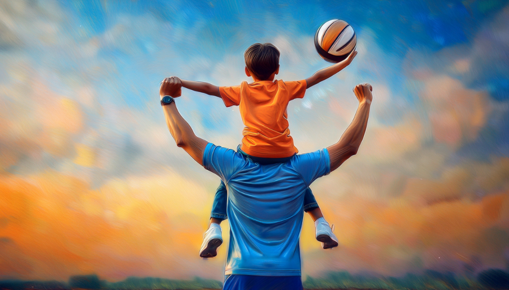 Een kleine jongen zit op de schoudrs van zijn vader. Ze juichen met hun armen in de lucht. Het jongetje houdt een voetbal vast.