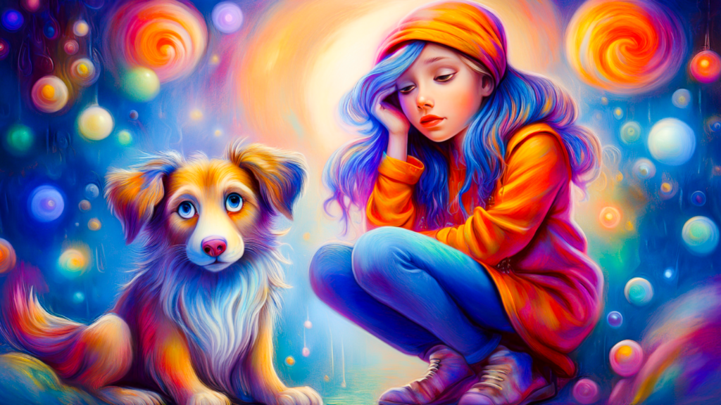 Een meisje met blauw haar, kijkt treurig en zit naar haar hond die ook treurig kijkt.