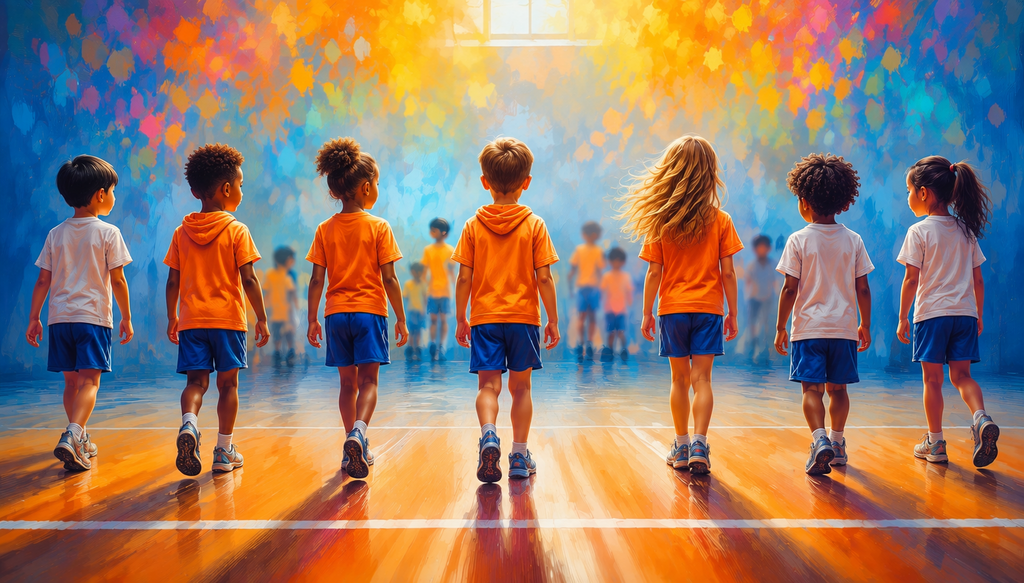 Een rij kinderen staan naast elkaar in een gymzaal. Voor hen een witte streep op de grond, waar ze overheen stappen.
