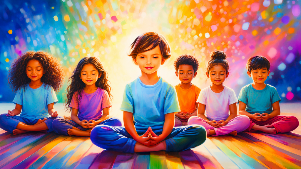 Een groepje kinderen zit in lotushouding te mediteren. Kleurrijke omgeving.