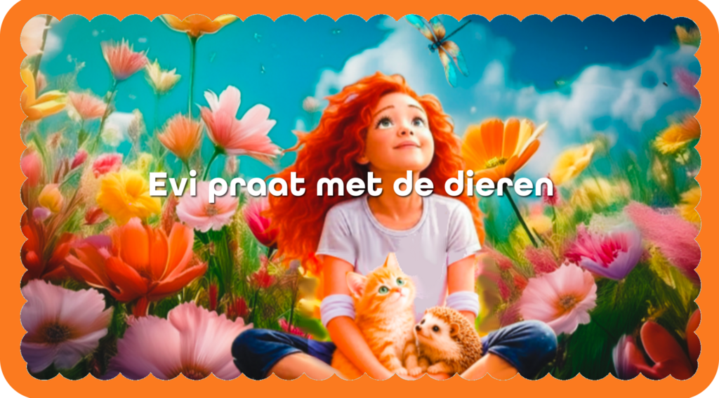 Evi een meisje van 8 jaar met rode krullen zit in een veld vol met grote bloemen in allerlei kleuren. OP haar schoot zit een egel en een poes en ze kijkt omhoog naar een libelle