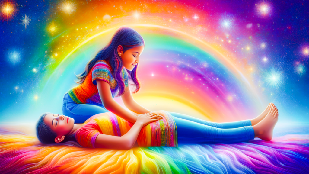 Een vrouw ligt op zijden doeken in felle kleuren. Een meisje zit naast haar op de grond , met haar handen geneest ze de vrouw. Achter hen een regenboog aan kleuren met sterretjes