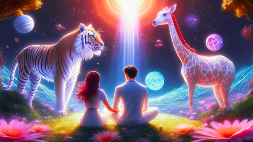 Ee nman en een vrouw zitten in de natuur op de grond. Ze kijken naaar een grote tijger en een giraffe die heel dicht bij hen staan. OP de achtergrond ene donkere nacht, planeten en een stralen van licht.