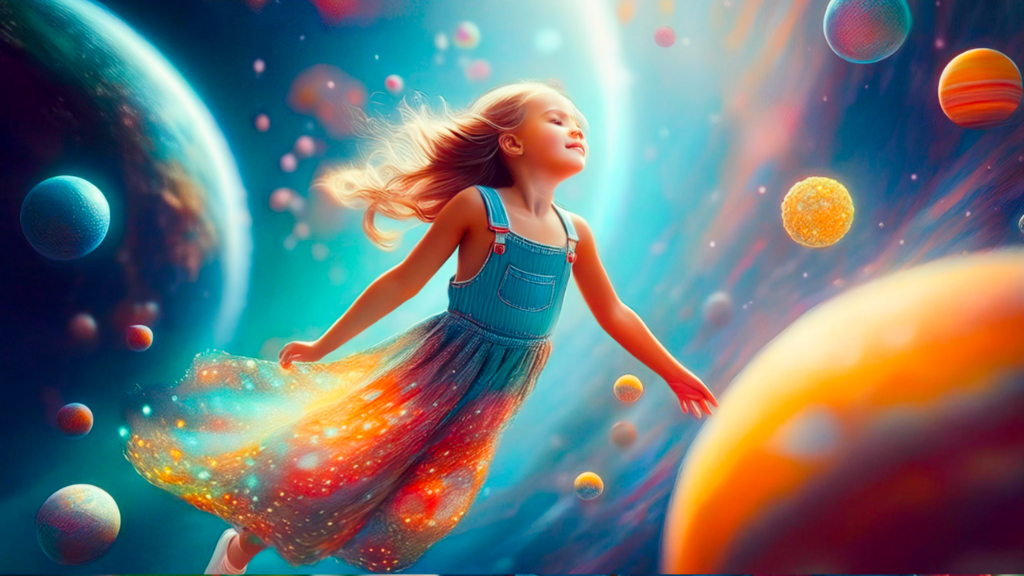 Een blond meisje zweeft door de kosmos langs verschillende planeten, haar jurk schittert goud.