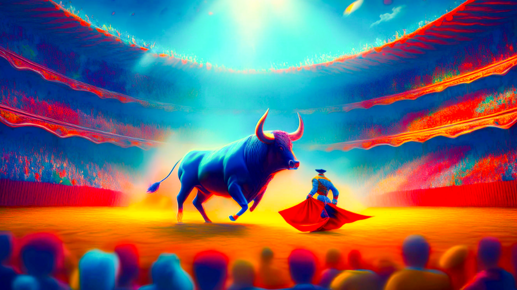 In het midden van een arena een grote zwarte stier met daarvoor een toreador - sierenvechter - met een rode lap. Er zit publiek op de tribunes. 
