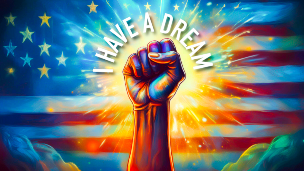 Een vuist voor de Amerikaanse vlag met daarboven de woorden: I have a dream