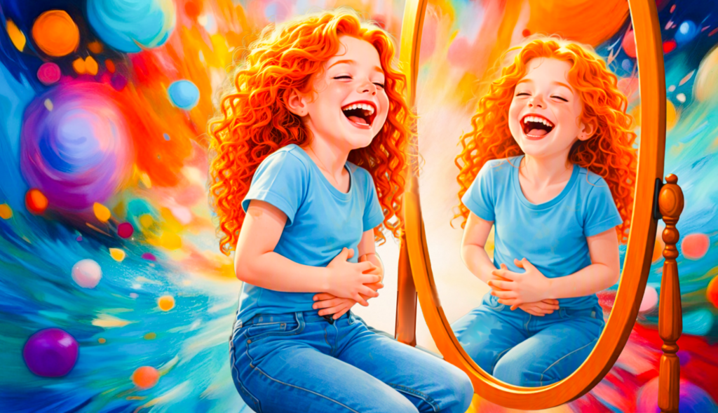 Evi met de rode krullen zit voor de spiegel en houdt haar buik vanst van het lachen